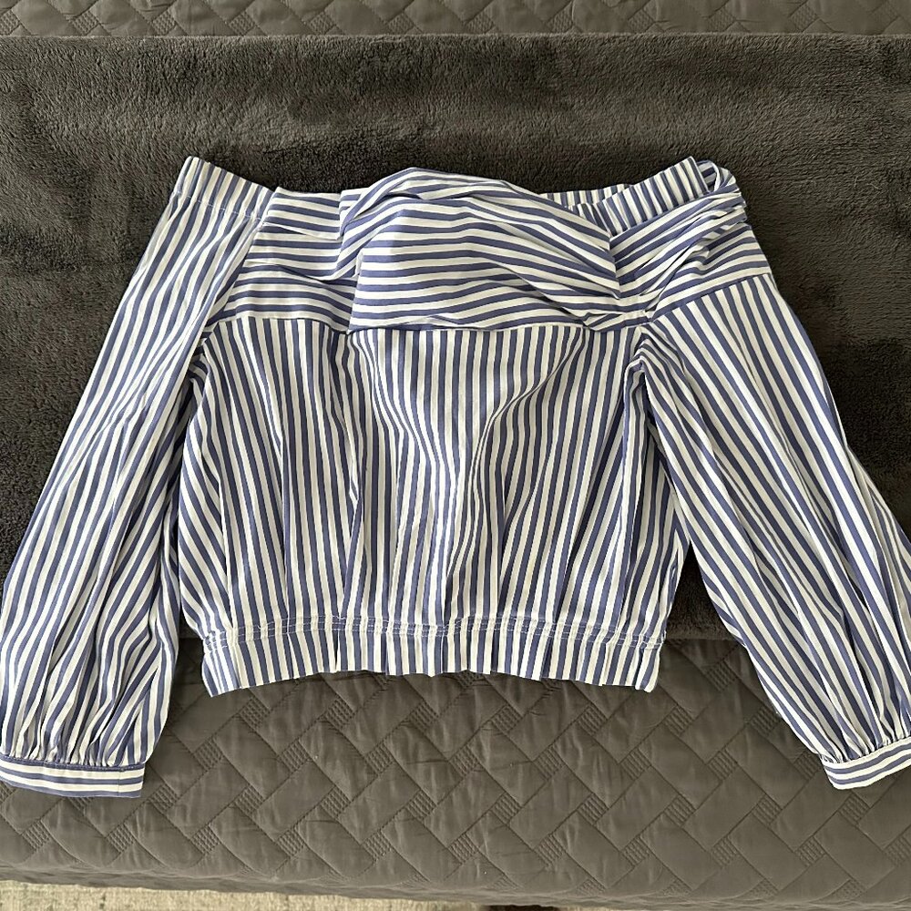 Zara Blue + White Stripe Off-Shoulder Top with Folded Front Detail - Size XS